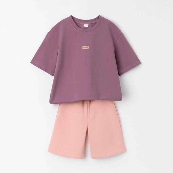Костюм для девочки (футболка, шорты) MINAKU цвет пыльно-сиреневый/ бежевый, рост 110 см от компании Интернет-гипермаркет «MALL24» - фото 1