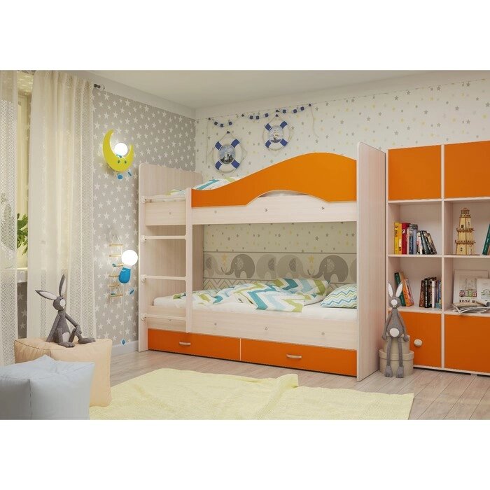 Кровать 2-х ярусная 800х1900 с ящиками, млечный  дуб/оранж от компании Интернет-гипермаркет «MALL24» - фото 1