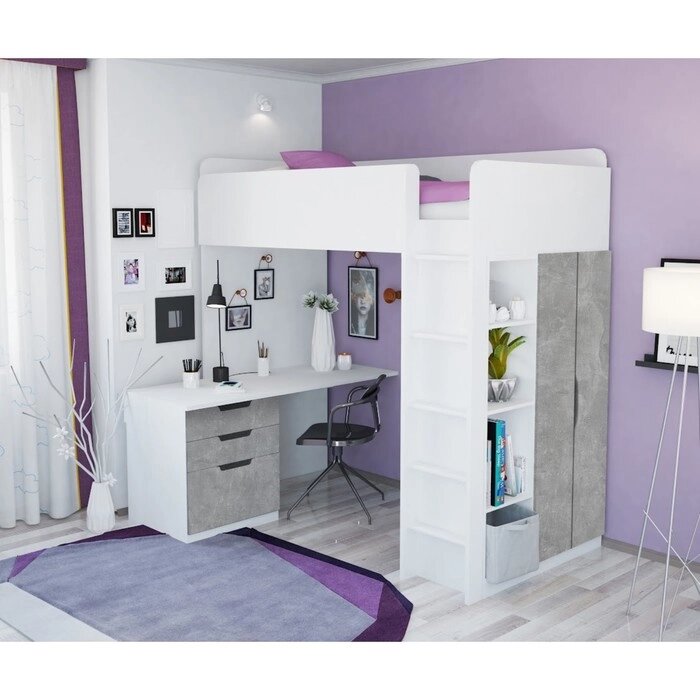 Кровать-чердак Polini kids Simple, с письменным столом и шкафом, цвет белый-бетон от компании Интернет-гипермаркет «MALL24» - фото 1