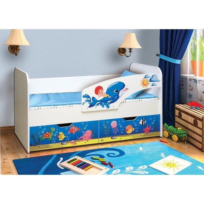 Кровать детская с фотопечатью "Дельфин", 2 ящика, 800  1600 мм, правая, цвет корпус белый от компании Интернет-гипермаркет «MALL24» - фото 1