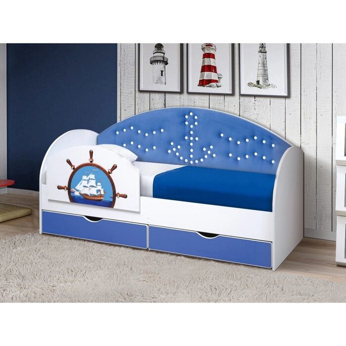 Кровать детская с мягкой спинкой и бортиком "Штурвал", 800  1600 мм, цвет белый / синий от компании Интернет-гипермаркет «MALL24» - фото 1