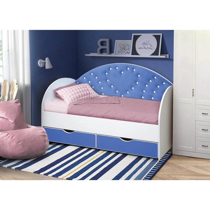 Кровать детская с мягкой спинкой "Сердце №2", 800  1600 мм, без бортика, белый / синий от компании Интернет-гипермаркет «MALL24» - фото 1