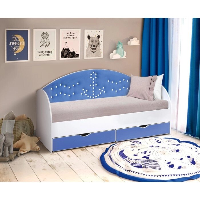 Кровать детская с мягкой спинкой "Якорь", 800  1600 мм, без бортика, белый / синий от компании Интернет-гипермаркет «MALL24» - фото 1