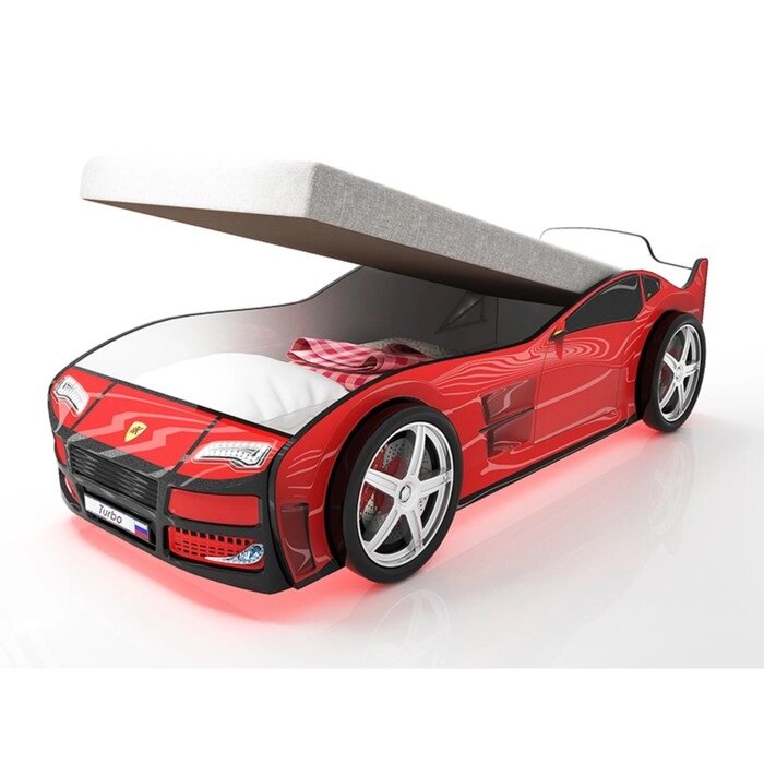 Кровать машина "Турбо красная", подъёмный матрас, подсветка дна и фар, пластиковые колёса от компании Интернет-гипермаркет «MALL24» - фото 1