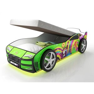 Кровать машина "Турбо зелёная", подъёмный матрас, подсветка дна и фар, пластиковые колёса