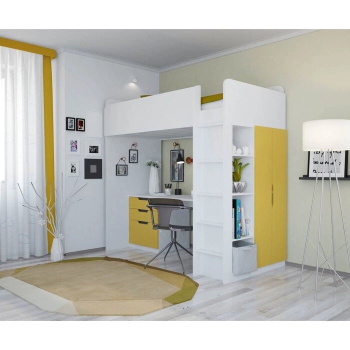 Кроватка-чердак Polini kids Simple с письменным столом и шкафом, цвет белый-солнечный от компании Интернет-гипермаркет «MALL24» - фото 1