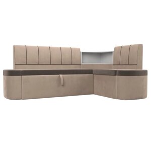 Кухонный угловой диван "Тефида", правый угол, дельфин, велюр, цвет коричневый / бежевый