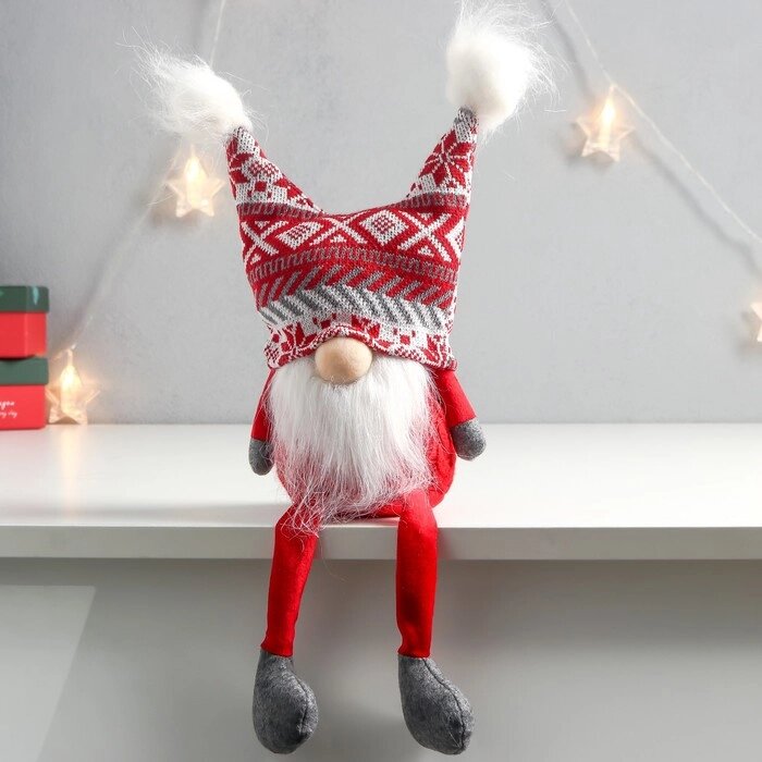 Кукла интерьерная "Дед Мороз в шапке с красными узорами, с бомбошками" 41х13х10 см от компании Интернет-гипермаркет «MALL24» - фото 1