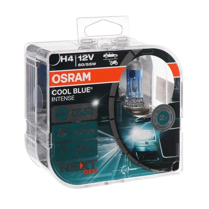 Лампа автомобильная Osram COOL BLUE Intense, H4 P43t, 12 В, 60/55 Вт, набор 2 шт от компании Интернет-гипермаркет «MALL24» - фото 1