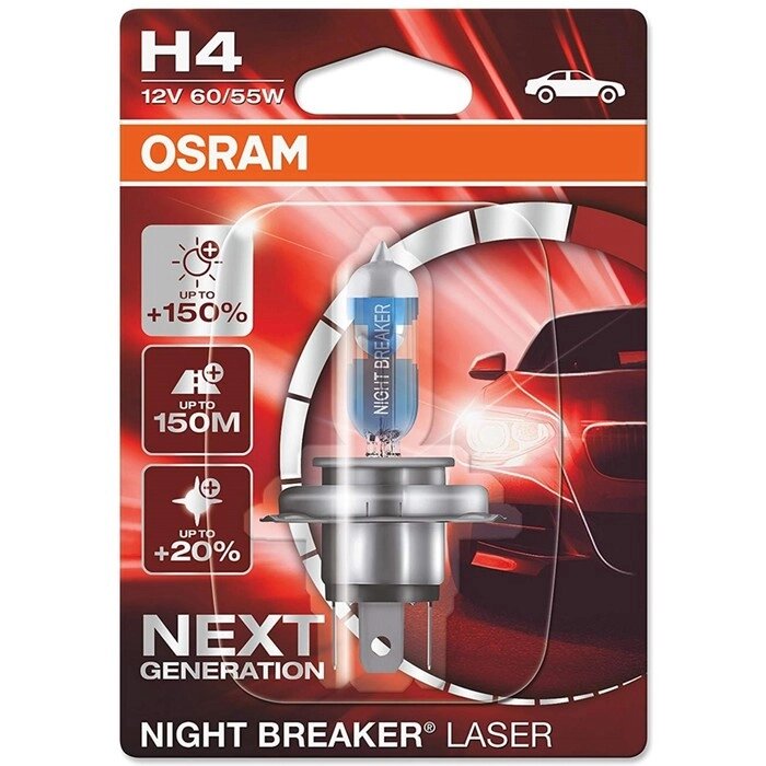 Лампа автомобильная Osram Night Breaker Laser +150%, H4, 12 В, 60/55 Вт, 64193NL-01B от компании Интернет-гипермаркет «MALL24» - фото 1