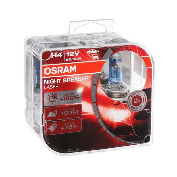 Лампа автомобильная Osram Night Breaker Laser +150%, H4, 12 В, 60/55 Вт, набор 2 шт, 64193NL-HCB от компании Интернет-гипермаркет «MALL24» - фото 1