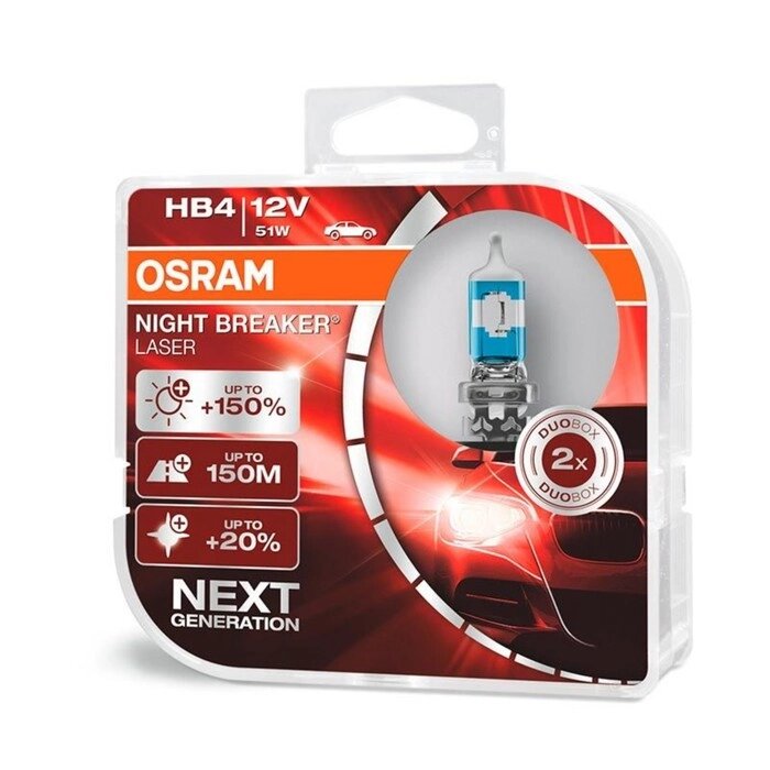 Лампа автомобильная Osram Night Breaker Laser +150%, HB4, 12 В, 51 Вт, 2 шт, 9006NL-HCB 4666 от компании Интернет-гипермаркет «MALL24» - фото 1