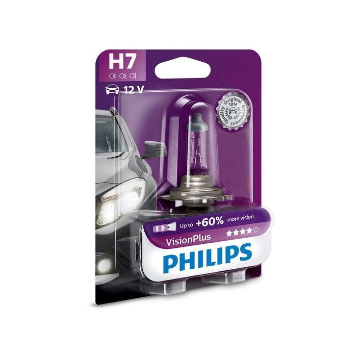 Лампа автомобильная Philips Vision Plus +60%, H7, 12 В, 55 Вт, 12972VPB1 от компании Интернет-гипермаркет «MALL24» - фото 1