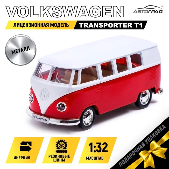 Машина металлическая VOLKSWAGEN TRANSPORTER T1, 1:32, открываются двери, инерция, цвет красный от компании Интернет-гипермаркет «MALL24» - фото 1