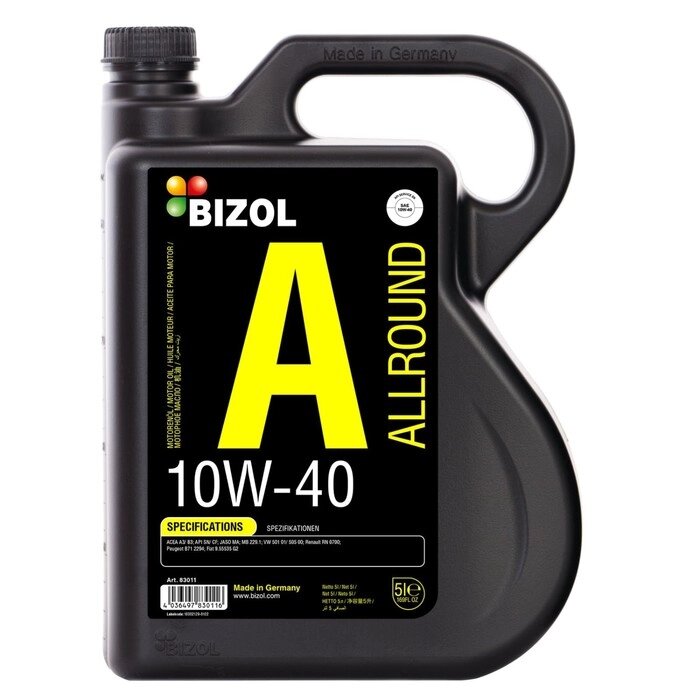 Масло моторное BIZOL Allround 10W-40 SN A3/B4 MA2, НС-синтетическое, 5 л от компании Интернет-гипермаркет «MALL24» - фото 1