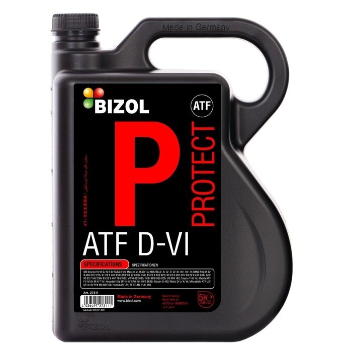 Масло трансмиссионное для АКПП BIZOL Protect ATF D-VI, НС-синтетическое, 5 л от компании Интернет-гипермаркет «MALL24» - фото 1