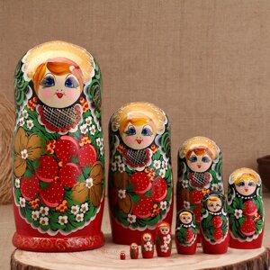 Матрёшка "Хохлома", красное платье, 10 кукольная, 26 см