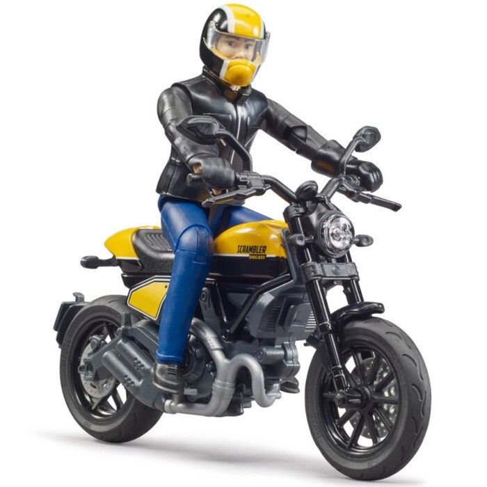 Мотоцикл Scrambler Ducati жёлтый, с мотоциклистом от компании Интернет-гипермаркет «MALL24» - фото 1