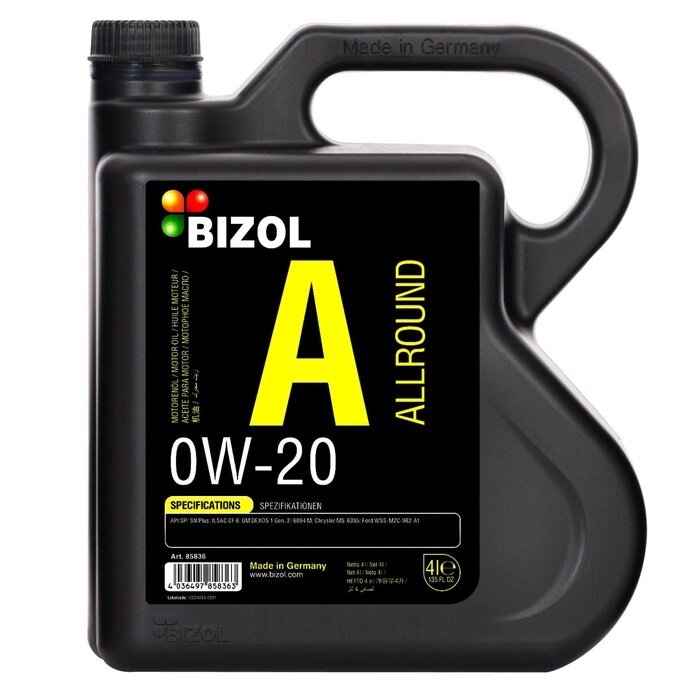 Моторное масло BIZOL Allround 0W-20 SP GF-6A, НС-синтетическое, 4 л от компании Интернет-гипермаркет «MALL24» - фото 1