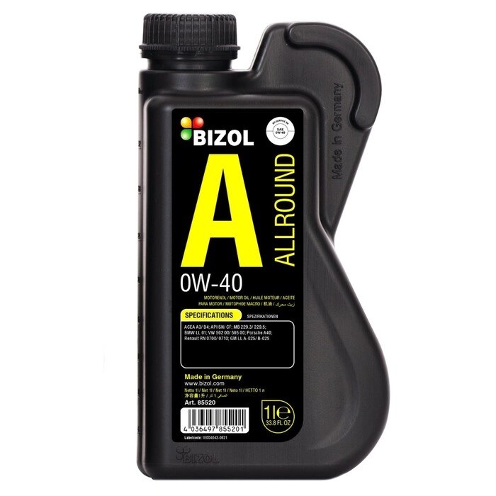 Моторное масло BIZOL Allround 0W-40 SN A3/B4, синтетическое, 1 л от компании Интернет-гипермаркет «MALL24» - фото 1