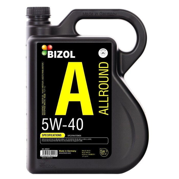 Моторное масло BIZOL Allround 5W-40 SN A3/B4, НС-синтетическое, 5 л от компании Интернет-гипермаркет «MALL24» - фото 1