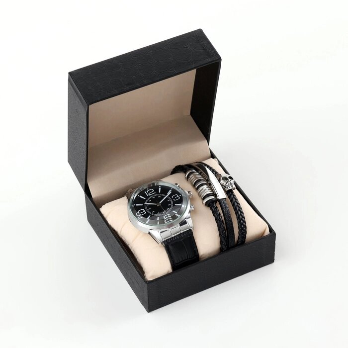 Мужской подарочный набор "Череп" 2 в 1: наручные часы, браслет от компании Интернет-гипермаркет «MALL24» - фото 1