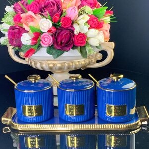 Набор баночек с ложками на подставке Lenardi, цвет синий, 3 предметов, 300 мл