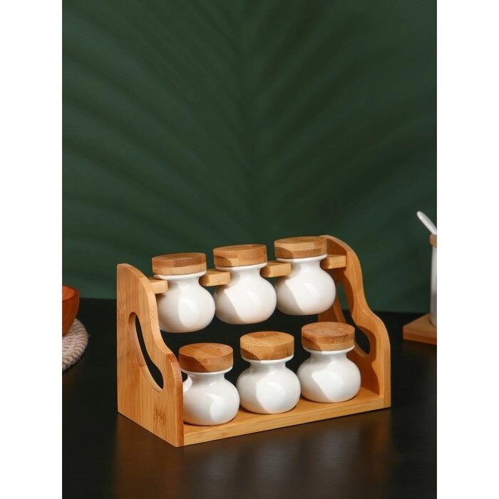 Набор банок для специй на деревянной подставке BellaTenero, 6 предметов, цвет белый от компании Интернет-гипермаркет «MALL24» - фото 1