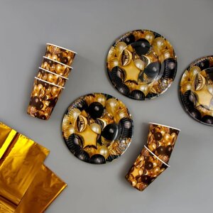 Набор бумажной посуды "Черное золото! шары, 6 тарелок,6 стаканов, скатерть