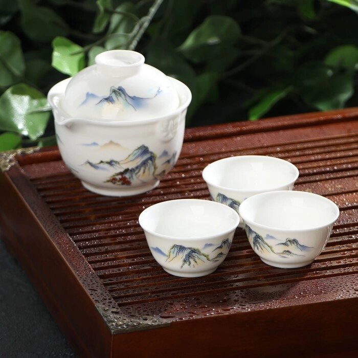 Набор чайный керамический "Восточная мудрость", 4 предмета: 3 пиалы, гайвань, цвет белый от компании Интернет-гипермаркет «MALL24» - фото 1
