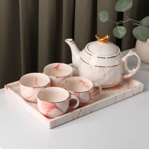 Набор чайный "Мрамор", 5 предметов: чайник 800 мл, 4 кружки 170 мл, подставка 3121 см, цвет розовый