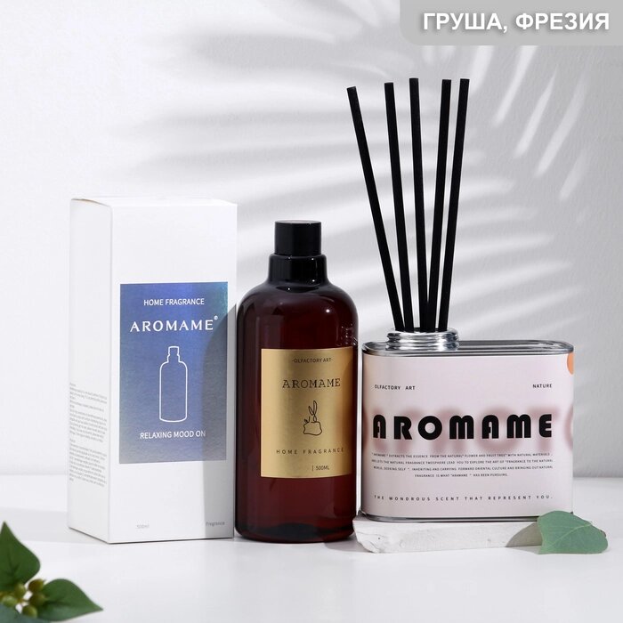 Набор диффузор ароматический "Aromame", английская груша фрезия 500мл прямоугольная банка от компании Интернет-гипермаркет «MALL24» - фото 1