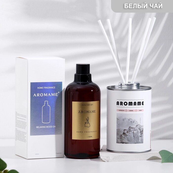 Набор диффузор ароматический "Aromame", белый чай, 500 мл, круглая банка от компании Интернет-гипермаркет «MALL24» - фото 1