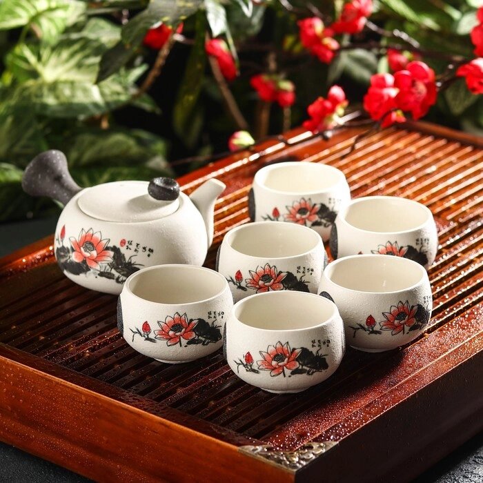 Набор для чайной церемонии "Нежный цветок", 7 предметов: чайник 180 мл, 6 чашек 70 мл от компании Интернет-гипермаркет «MALL24» - фото 1
