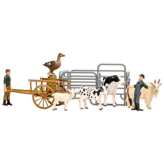 Набор фигурок, 10 предметов: 2 фермера, животные, ограждение-загон, телега, инвентарь от компании Интернет-гипермаркет «MALL24» - фото 1