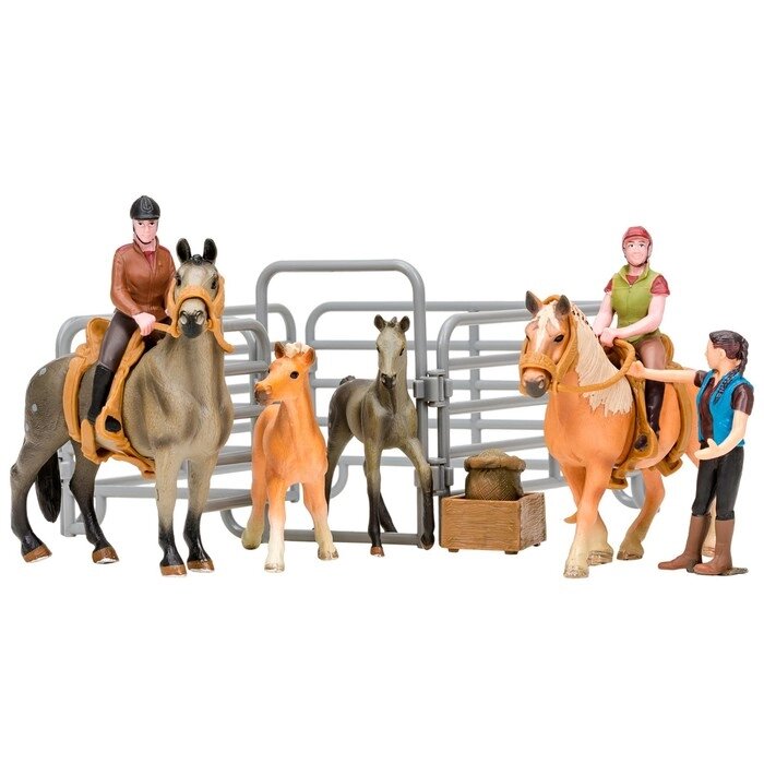 Набор фигурок, 14 предметов: 4 лошади, 3 человека, ограждение-загон, инвентарь от компании Интернет-гипермаркет «MALL24» - фото 1