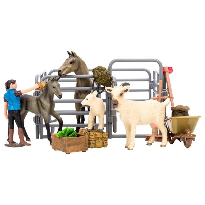 Набор фигурок, 18 предметов: фермер, 2 лошади, 2 козлика, ограждение-загон, инвентарь от компании Интернет-гипермаркет «MALL24» - фото 1