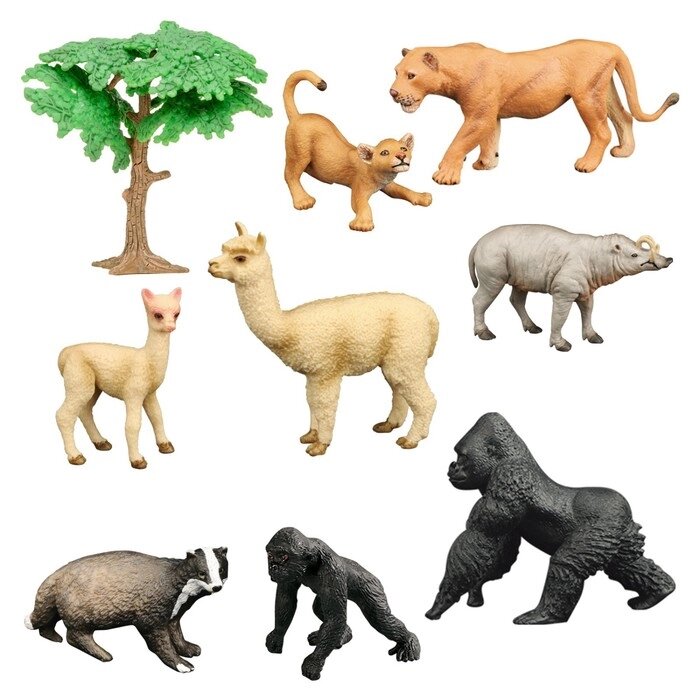 Набор фигурок: 2 гориллы, 2 альпаки, 2 льва, барсук, бабирусса, дерево, 9 предметов от компании Интернет-гипермаркет «MALL24» - фото 1