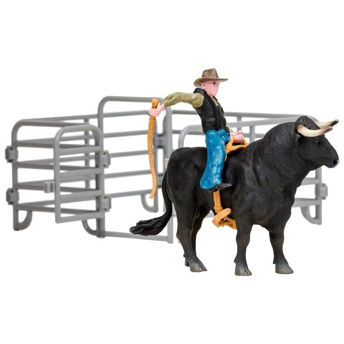 Набор фигурок, 3 предмета: ковбой, бык, ограждение-загон от компании Интернет-гипермаркет «MALL24» - фото 1