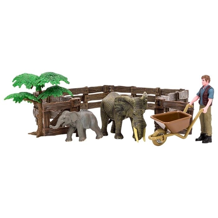 Набор фигурок, 6 предметов: фермер, слон и слоненок, ограждение-загон, дерево, тележка от компании Интернет-гипермаркет «MALL24» - фото 1