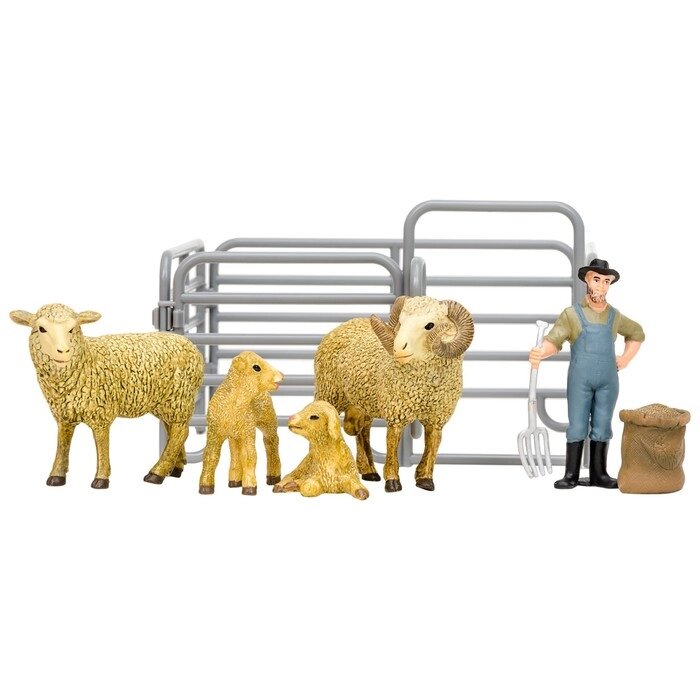Набор фигурок, 7 предметов: фермер, семья овец, ограждение-загон, инвентарь от компании Интернет-гипермаркет «MALL24» - фото 1