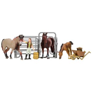 Набор фигурок, 8 предметов: 3 лошадки, фермер, ограждение-загон, инвентарь