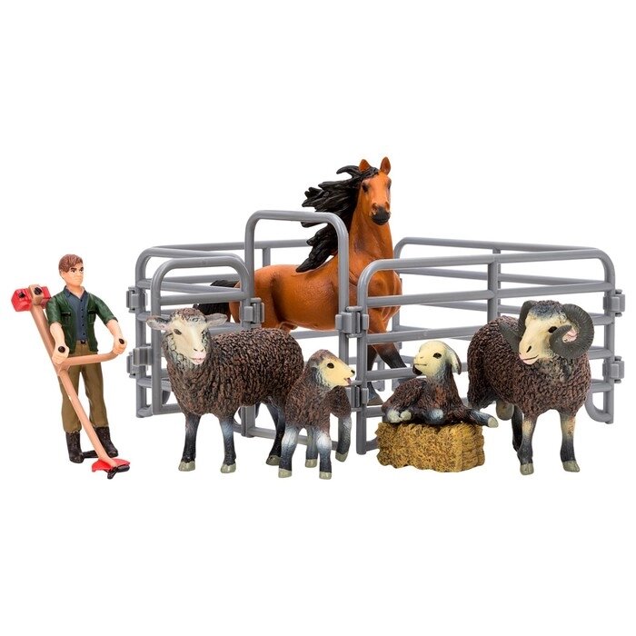 Набор фигурок, 8 предметов: фермер, лошадь и семья овец, ограждение-загон, инвентарь от компании Интернет-гипермаркет «MALL24» - фото 1