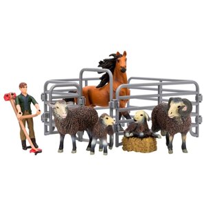 Набор фигурок, 8 предметов: фермер, лошадь и семья овец, ограждение-загон, инвентарь
