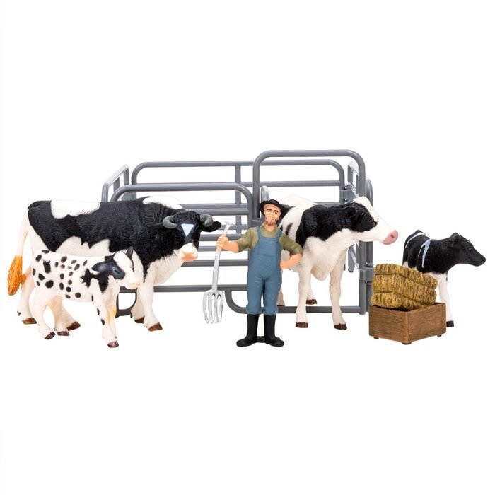 Набор фигурок, 8 предметов: фермер, семья коров, ограждение-загон, инвентарь от компании Интернет-гипермаркет «MALL24» - фото 1