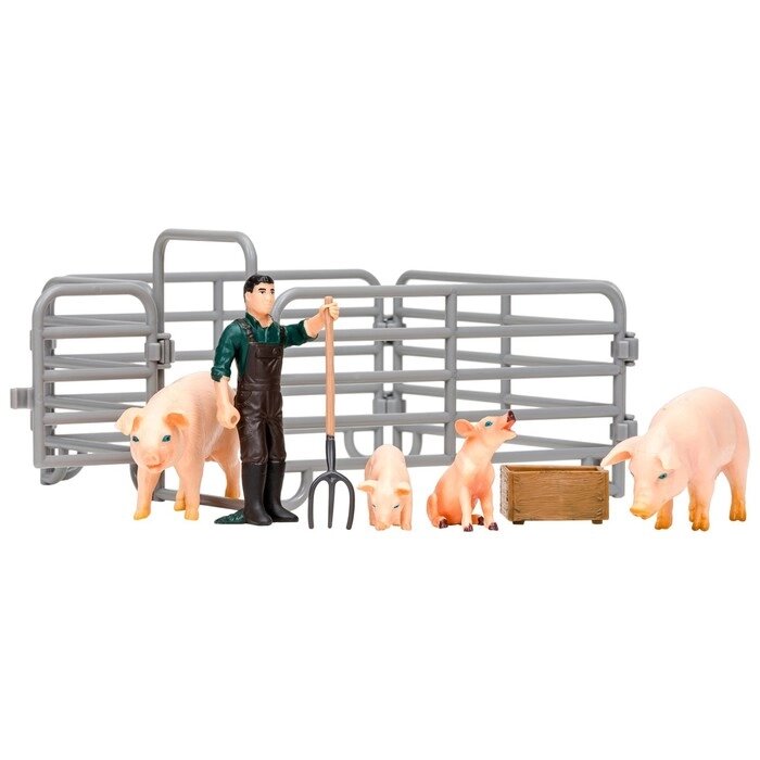 Набор фигурок, 8 предметов: фермер, семья свиней, ограждение-загон, инвентарь от компании Интернет-гипермаркет «MALL24» - фото 1