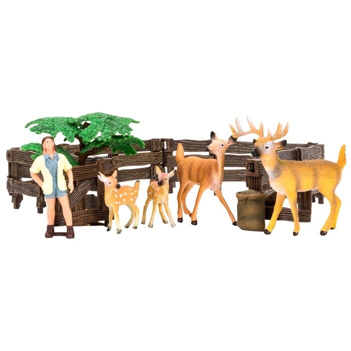 Набор фигурок, 8 предметов: зоолог, семья оленей, дерево, ограждение-загон, инвентарь от компании Интернет-гипермаркет «MALL24» - фото 1