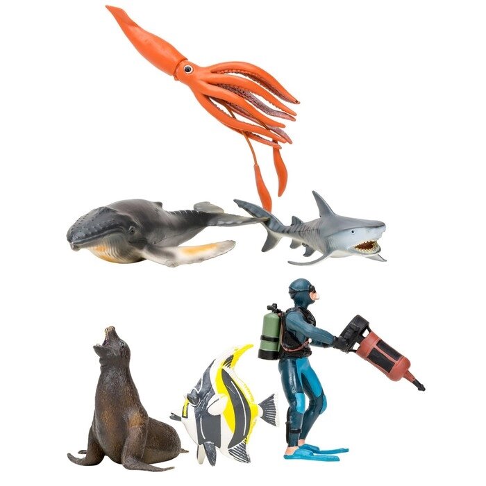 Набор фигурок: акула, кит, мавританский идол, морской лев, кальмар, дайвер, 6 предметов от компании Интернет-гипермаркет «MALL24» - фото 1