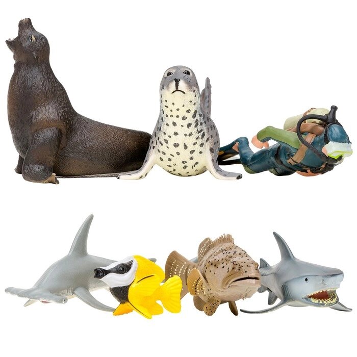 Набор фигурок: акула, морской леопард, рыба-лиса, морской лев, рыба-молот, рыба групер , дайвер   70 от компании Интернет-гипермаркет «MALL24» - фото 1