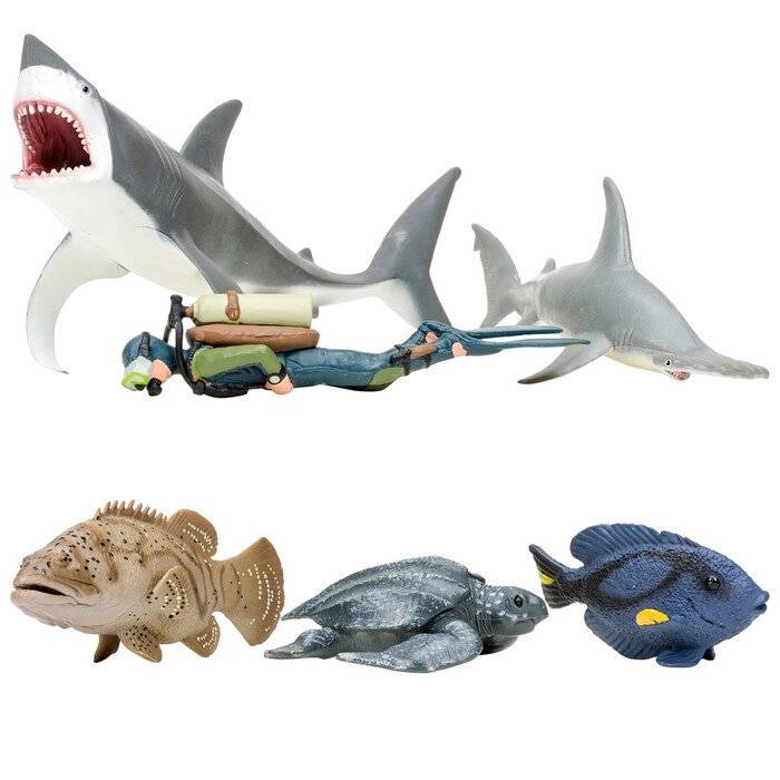 Набор фигурок: акула, рыба-хирург, кожистая черепаха, акула, рыба групер, дайвер от компании Интернет-гипермаркет «MALL24» - фото 1